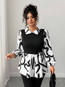 Elenzga Plus Size Fashionable Commuter Contrast Color Print Patchwork Shirt Fall Cloth For Women