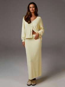 Athîral 女士时尚休闲纽扣针织毛衣和裙子两件套黄色两件套裙子奶油黄色两件套裙子两件套女士黄色裙子套装毛绒绒两件套秋冬 - 黃色 - 查看 3