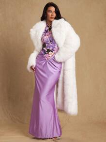 Glamine Váy cổ yếm thêu kim sa cho nữ, váy maxi hở lưng thanh lịch, váy dự tiệc - Màu tím - Xem 3