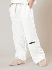 SUMWON 少女单肩印花套装阔腿裤夏季休闲运动服两件套Logo设计街头风穿搭 - 白色 - 查看 4