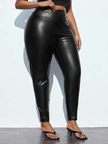 Maija Plus Size Black And Gold Women PU High Elastic Warm Sanded Pants,Winter Girlism Rave Black Leggings,Old Money Fashion Christmas Halloween - Black - View 4