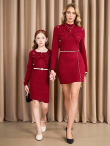 女式勃艮第纯色简约无袖连体裤和长袖夹克两件套，合身 - 酒紅色 - 查看 7