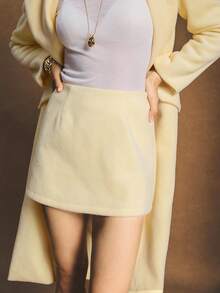 Poéselle 女士纯色口袋优雅时尚长袖夹克和裙子套装 - 黃色 - 查看 2