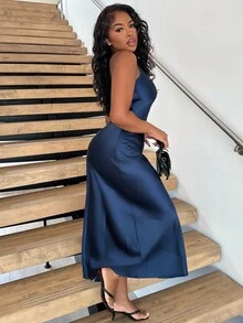 Alexandranx 简约优雅斜裁双面缎纹醋酸纤维面料 A 字型无袖连衣裙，凸显女性魅力 - 藏蓝色 - 查看 6