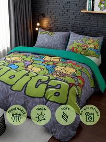 TEENAGE MUTANT NINJA TURTLES | SHEIN 3pcs Bedding Set, Soft & Breathable Cozy Warm Cartoon Turtle Pattern Gray Duvet Cover - Grey - View 9