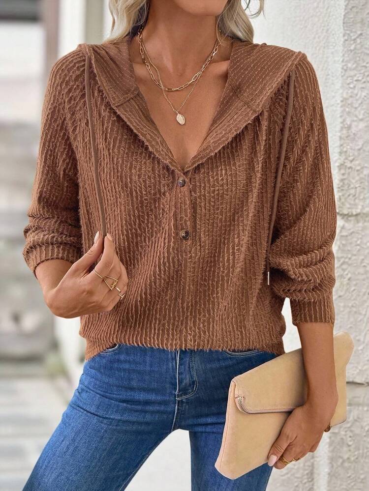 Women's Casual Solid Color Hoodie Brown Top Brown Sweater Brown Hooded Sweater Button Up Sweater Brown Cardigan Fall Women Clothes  Going Out Tops Women Going Out Tops