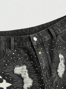 ROMWE MEN Goth Pantalones cortos de mezclilla con bordado de cruz y strass para hombres - Negro - Ver 3