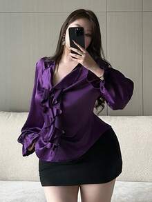 Vibekara 大码 V 领荷叶边修身优雅休闲衬衫，淑女紫色 - 紫色 - 查看 7