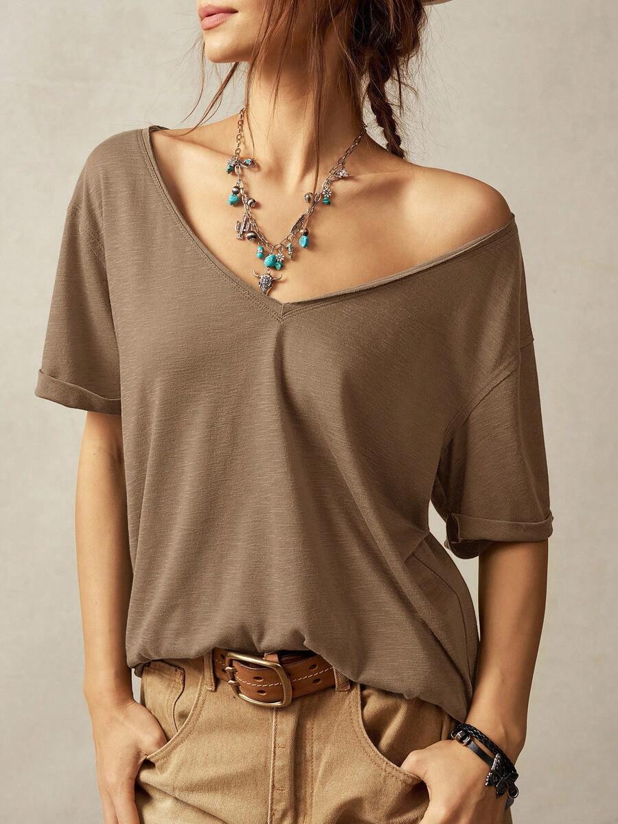 Bohemela Women's Casual Solid Color V-Neck Short Sleeve Loose T-Shirt