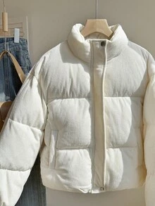 SHEIN 时尚立领灯芯绒长袖棉衣，适合秋冬季少女