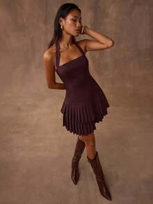 SHEIN BAE 女式时尚纯色褶饰挂脖迷你连衣裙 - 咖啡棕 - 查看 1