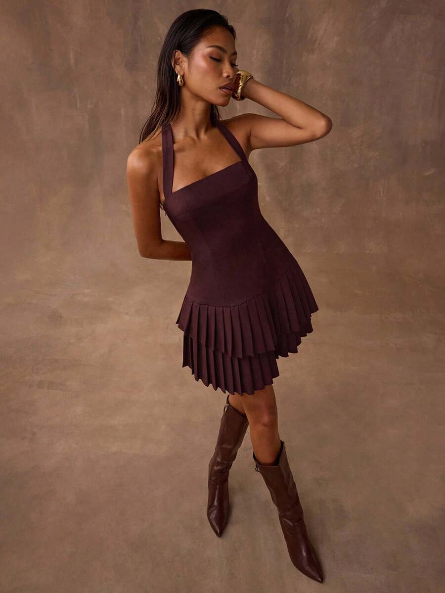 SHEIN BAE 女式时尚纯色褶饰挂脖迷你连衣裙 - 咖啡棕 - 查看 1