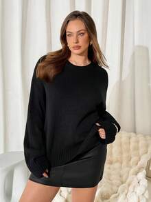 Auralis Plus Size Women's Autumn And Winter Fashion Casual Loose Comfortable Daily Versatile Slim Loose Black Long-Sleeved Pullover Sweater,Fall Outfits,Winter Clothes For Women,Base Sweater,Fall Top,Fall Clothes For Women - Black - View 3