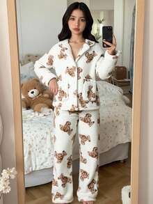 SHEIN 2pcs Tween Girl Cute Bear Pattern Collar Long Sleeve Top And Thermal Lined Pajama Pants Soft & Cozy Winter Sleepwear Sets - Khaki - View 1