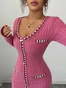 Elenzga 女式优雅拼布长袖毛衣裙 - 珊瑚粉 - 查看 7