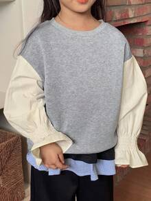 DAZY 女童撞色韩版休闲花瓣袖圆领卫衣，春秋季 - 灰色 - 查看 2