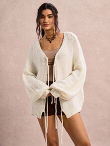 Freevana Plus Size Casual Solid Color Lace-Up Cardigan Cardigan Sweaters For Women Women's Winter Sweater Contains Wool - Beige - View 4