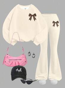 SHEIN Leap Crew Tween Girls Letter Graphic Knit Crew Neck Loose Sweatshirt And Flare Leg Pants 2 Pieces Casual Set Fall Winter