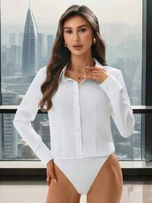 SHEIN Clasi 女士优雅通勤长袖连体裤和撞色黑色裤子两件套 - 黑與白 - 查看 2