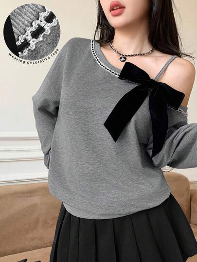 Modelyn Sudadera corta casual de estilo coreano con hombros oblicuos y lazo, para otoño/invierno