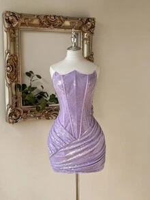 Lovelzi 时尚性感前卫闪亮亮片面料美人鱼抹胸连衣裙，适合夜店、派对、度假、鸡尾酒会 - 淡紫色 - 查看 3