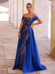 Glamrae 优雅奢华蓝色亮片刺绣缎面露肩落袖长裙，正式晚礼服 - 藍色 - 查看 6