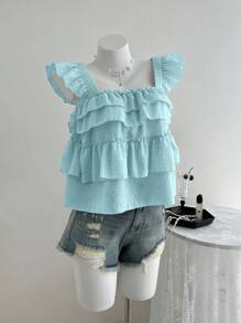 Franclia Summer Textured Cap Sleeve Layered Ruffle Hem Casual Vacation Tank Top - Blue - View 7