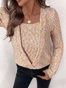 SHEIN Clasi Women's Elegant Pink Waffle Knit Crew Neck Sweatshirt In Fall/Winter - Multicolor - View 4