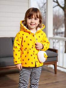 Girls Autumn And Winter Cute And Fun Style Small Strawberry Pattern Ruffled Decorative Hooded Bunny Ears Coat, Comfortable Fluff Inside, With Rope Fluffy Bow Small Bag - Multicolor - View 7
