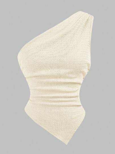 SHEIN Girlism Teen Girls' Apricot Asymmetrical Hem Ruched Waist Sleeveless Knit Camisole Top, Suitable For Beach Vacation Tobe Top Girls Asymmetrical Top Tube Tops Women Tube Top White Women's Top Asymmetrical Top Girls Tube Top Women