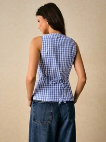 Poéselle Camisa de mujer sin mangas con decoración de botones en la cintura, estilo casual de verano a cuadros