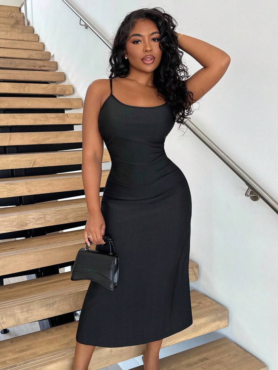 Alexandranx Elegant Solid Color Waisted Ruching Flared Hem Cami Dress,Summer Dresses For Women,Tea Party Dress - Black - View 1