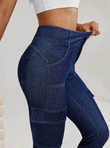 Flexra Blugi skinny casual versatili cu buzunar cargo pentru femei - Spălare întunecată - Vizualizare 4