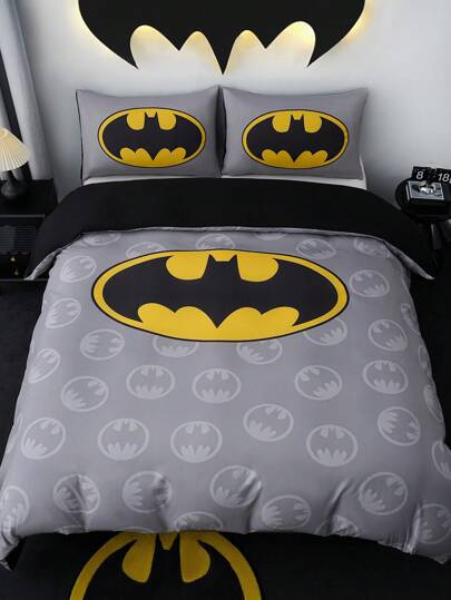 BATMAN X SHEIN 3 件套时尚卡通图案被套，柔软舒适，适合各种床，灰色