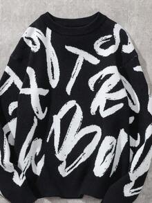 Coolqubz Tween Boy Fashion Pattern & Letter Intarsia Knit Sweater Long Sleeve Pullover, Autumn/Winter Boys Graphic Sweater Teen Boy Sweater Boys Knit Sweater Tween Boys Sweater Kids Graphic Sweater Teen Boys Sweater Boys Black And White Sweater Fall,Unisex - Black - View 4