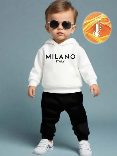 SHEIN Playful Pals 2pcs Baby Boy Fashion Letter Graphic Hoodie Sweatshirt & Fleece Pants Set, Suitable For Outings In Autumn/Winter