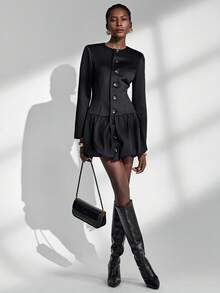 Vestido negro clásico Almamuse-D, diseño de cintura de cuello redondo y abotonadura sencilla, vestido de mujer de moda retro, primavera/otoño