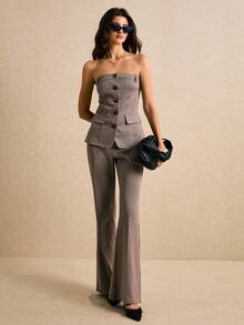 Poéselle 女士复古休闲通勤喇叭裤，商务休闲，新年优雅秋冬款 - 咖啡棕 - 查看 4