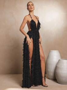 L'Amorae 优雅流苏高开叉系带露背连衣裙