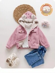 SHEIN Babygirl Autumn/Winter Cute Versatile Corduroy Hooded Jacket Fall - Pink - View 1
