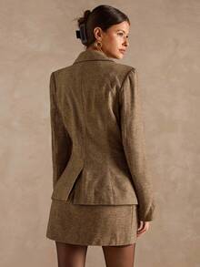 SHEIN BAE 女士时尚商务套装 - 西装外套和裙子两件套、别致女士套装、西装、剪裁、女士量身定制的衬里西装外套、秋冬优雅女士套装 - 咖啡棕 - 查看 2