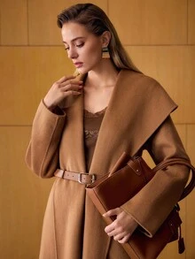 MOTF PREMIUM 羊毛配腰带翻领大衣，秋冬 - 駝色 - 查看 3