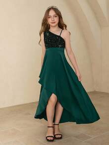 Elegantes Blumenkleid für Tween Mädchen für Abschluss, Hochzeit, Ball, tiefgrünes Satinkleid mit Pailletten, einschultrig, ärmellos, Midi-Länge für Halloween, Weihnachten, Party, Mädchen Asymmetrischer Saum, aufgeblähter Rock Prinzessinnenkleid für Schulanfang - Dunkelgrün - Übersicht 7