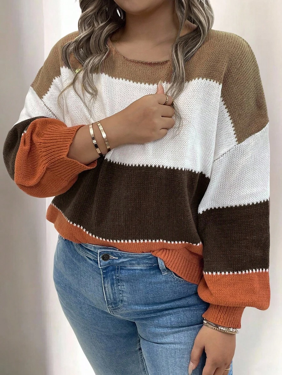 SHEIN Plus Size Casual Colorblock Round Neck Plus Size Sweater, Autumn/Winter Fall Cloth For Women - Red - View 1
