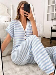 Snug Zone 女士休闲条纹半扣短袖长裤睡衣套装，服装夏季睡衣条纹睡衣套装两件套睡衣套装配套休闲套装女士条纹睡衣 - 藍色 - 查看 1