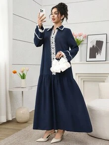 Al Najma 女士纯色百搭日常通勤长袖连衣裙 - 藍色 - 查看 5