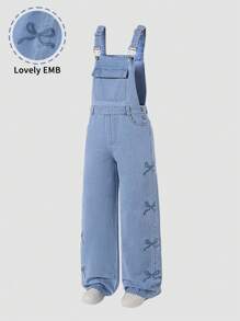 SHEIN 女童蝴蝶结刺绣牛仔背带裤，夏季休闲甜美风格，适合返校季 - 淺色水洗藍 - 查看 4