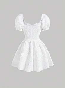 SHEIN MOD Jacquard Puff Sleeve Bow Front Dress - White - View 2