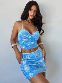 Firerie Áo hai dây hở lưng gợi cảm cổ chữ V phối ren hoa trang trí kim sa cho nữ, thích hợp cho kỳ nghỉ hè, tiệc tùng, lễ hội âm nhạc - Màu xanh lam - Xem 4