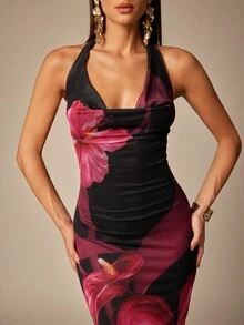 Silquee Váy Maxi hở lưng họa tiết hoa, gợi cảm cho kỳ nghỉ, hẹn hò, tụ họp trang trọng, tiệc cocktail, dịp lãng mạn, mùa xuân và mùa hè - Màu Hồng Tươi - Xem 5